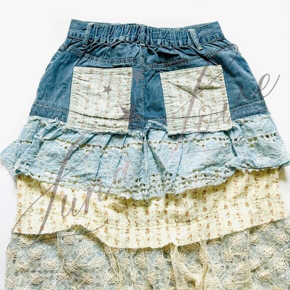 POL Clothing Floral Patchwork Eyelet Ruffle Denim Maxi Skirt NEW! - Picture 13 of 13